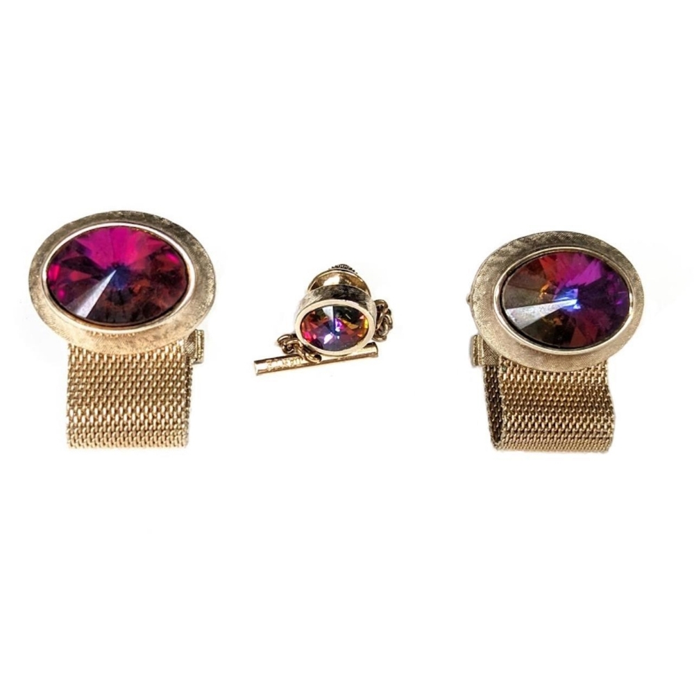 Vintage Rivoli Rhinestone Mesh Cufflinks & Tie Tack